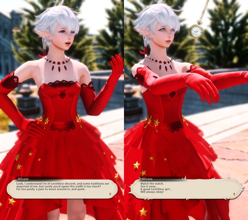 3d absurdres alisaie_leveilleur before_and_after blue_eyes dialogue dress elf_ears expressionless female_only femsub final_fantasy final_fantasy_xiv hand_on_hip open_mouth opera_gloves outdoors pendulum pocket_watch royalty short_hair spiralwash_eyes standing text white_hair zombie_walk