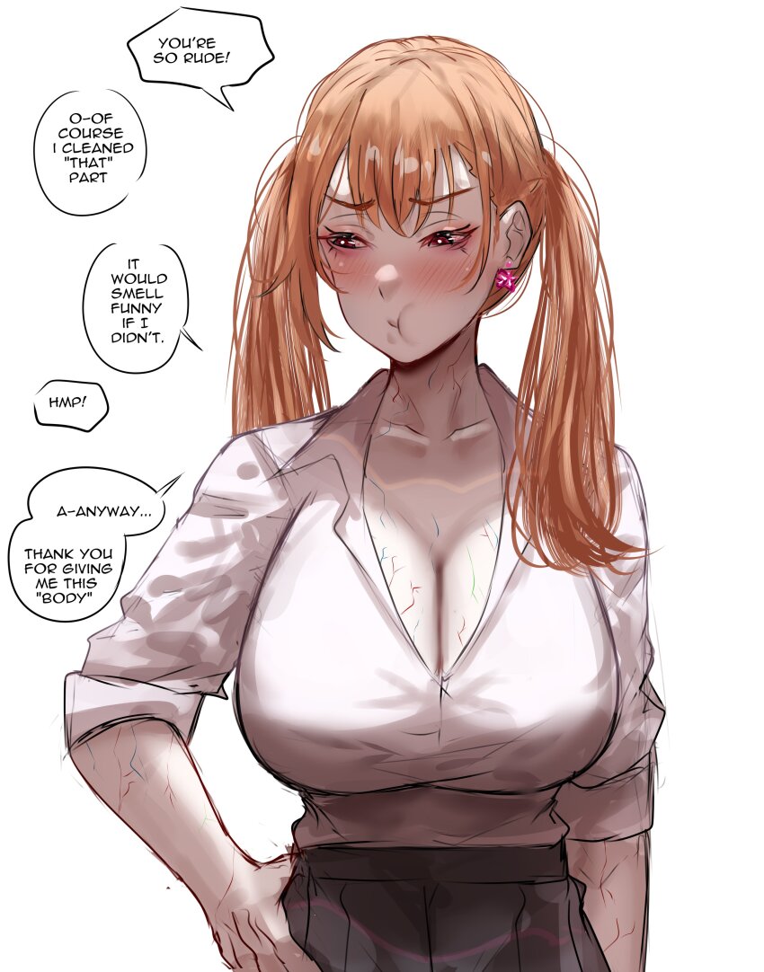 absurdres blush breasts cleavage clothed collarbone dialogue earrings english_text eyeshadow femsub globining jewelry large_breasts long_hair makeup orange_hair original possession red_eyes school_uniform simple_background skirt speech_bubble text tsundere twintails veins white_background