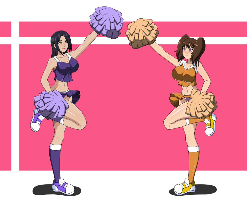 absurdres black_hair brown_hair cheerleader cleavage diane_(the_seven_deadly_sins) dlobo777 empty_eyes female_only femsub happy_trance merlin_(the_seven_deadly_sins) purple_eyes sneakers the_seven_deadly_sins twintails yellow_eyes