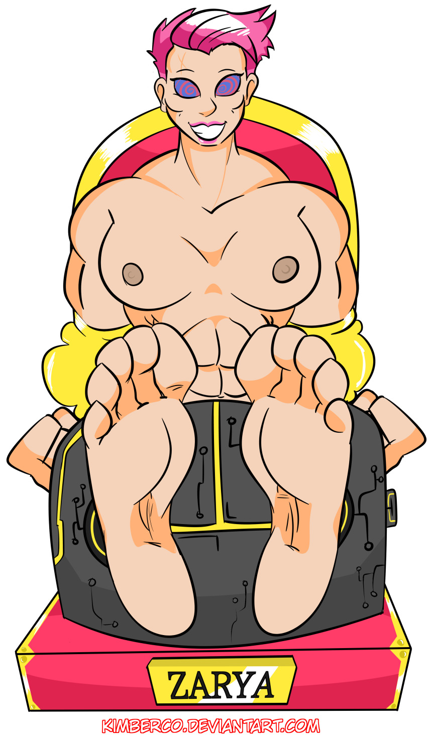 absurdres barefoot bottomless breasts feet female_only femsub foot_focus happy_trance huge_feet kimberco large_breasts muscle_girl nude overwatch pink_hair smile solo spiral spiral_eyes symbol_in_eyes text topless zarya_(overwatch)