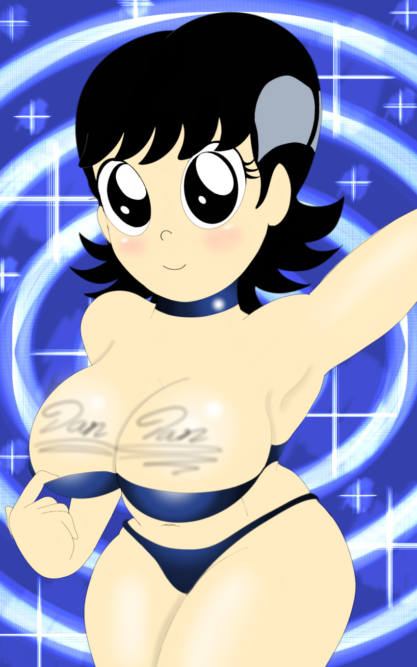 absurdres black_eyes black_hair blush body_writing bra breasts collar dexter's_laboratory female_only looking_at_viewer lorddandan navel panties selfie signature smile solo spiral text underwear