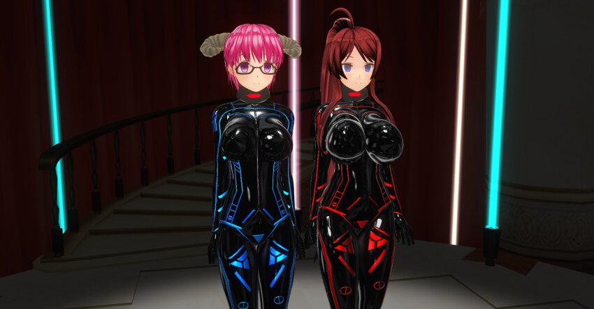 3d ahoge before_and_after blue_eyes breasts brown_hair collar custom_maid_3d_2 cyber-sexaroid_(dndniwana3s) empty_eyes expressionless femsub glasses hidoi_koto_suru_man horns large_breasts looking_at_viewer pink_eyes pink_hair ponytail rubber short_hair standing standing_at_attention tech_control