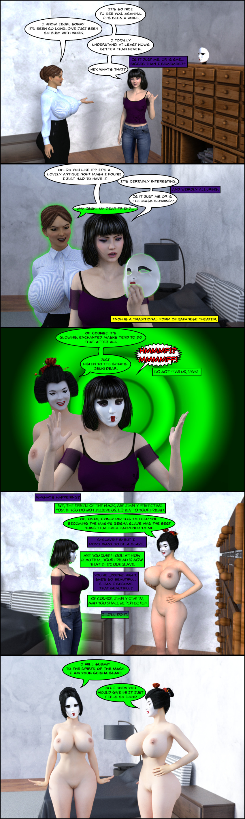 3d absurdres asahina_(theheckle) bottomless breasts comic dialogue female_only femsub geisha ibuki_(theheckle) large_breasts mask nude original possession text theheckle topless transformation