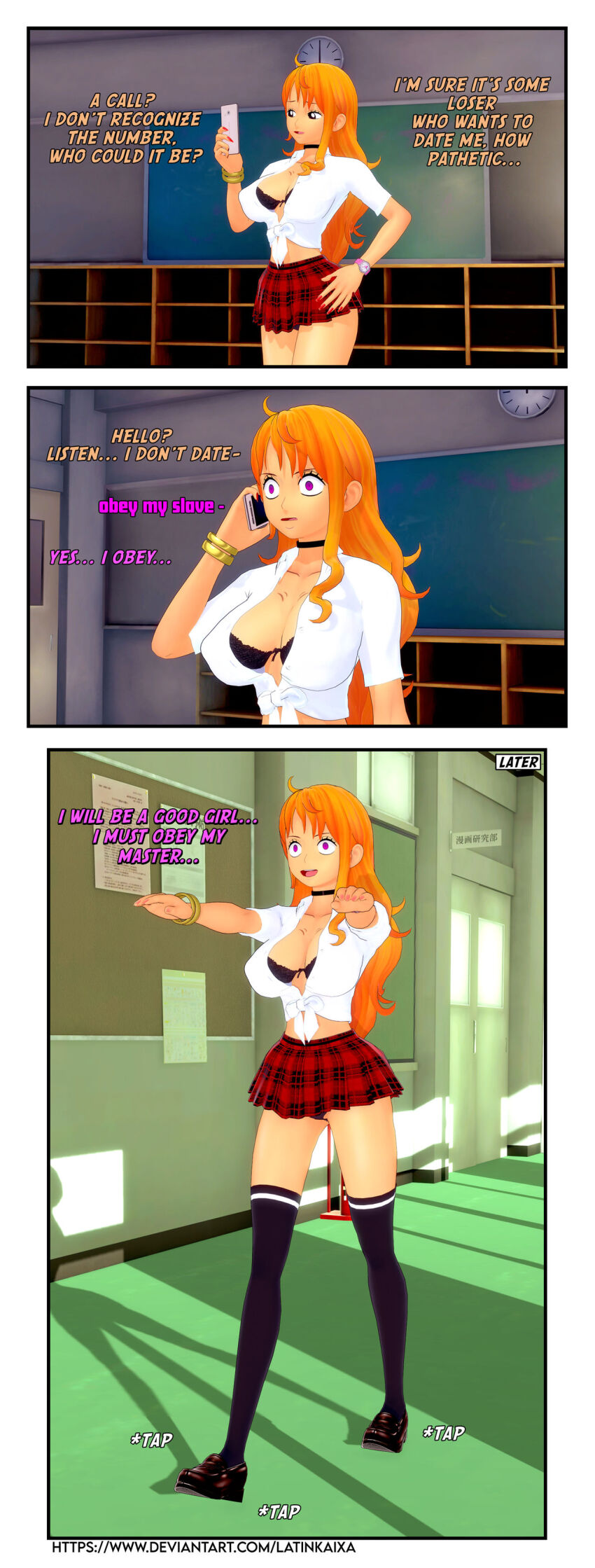 3d absurdres bra bracelet breasts brown_eyes cell_phone choker collarbone comic dialogue expressionless femsub glowing_eyes hand_on_hip happy_trance large_breasts latinkaixa long_hair long_nails midriff nail_polish nami_(one_piece) one_piece open_mouth orange_hair panties school_uniform shirt shoes short_skirt shrunken_irises skirt smile text thighhighs trigger underwear very_long_hair wrist_watch zombie_walk