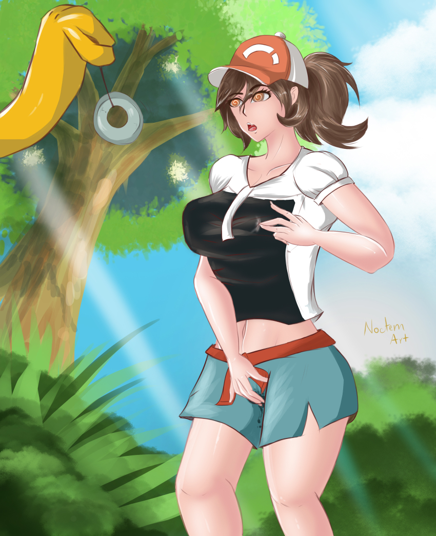 absurdres breast_grab breasts brown_hair clothed elaine_(pokemon_let's_go) femsub hat holding_breasts hypno large_breasts masturbation nintendo noctemart open_mouth pendulum pokemon pokemon_(creature) pokemon_let's_go spiral_eyes symbol_in_eyes