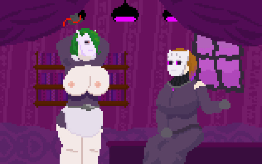 accord_(accord) animated animated_gif arms_above_head bare_breasts bouncing_breasts brown_hair dancing dress femdom femsub green_hair huge_breasts hypnotic_accessory kay_(kilprel) kilprel maid mask nipples original pixel_art purple_eyes sitting standing