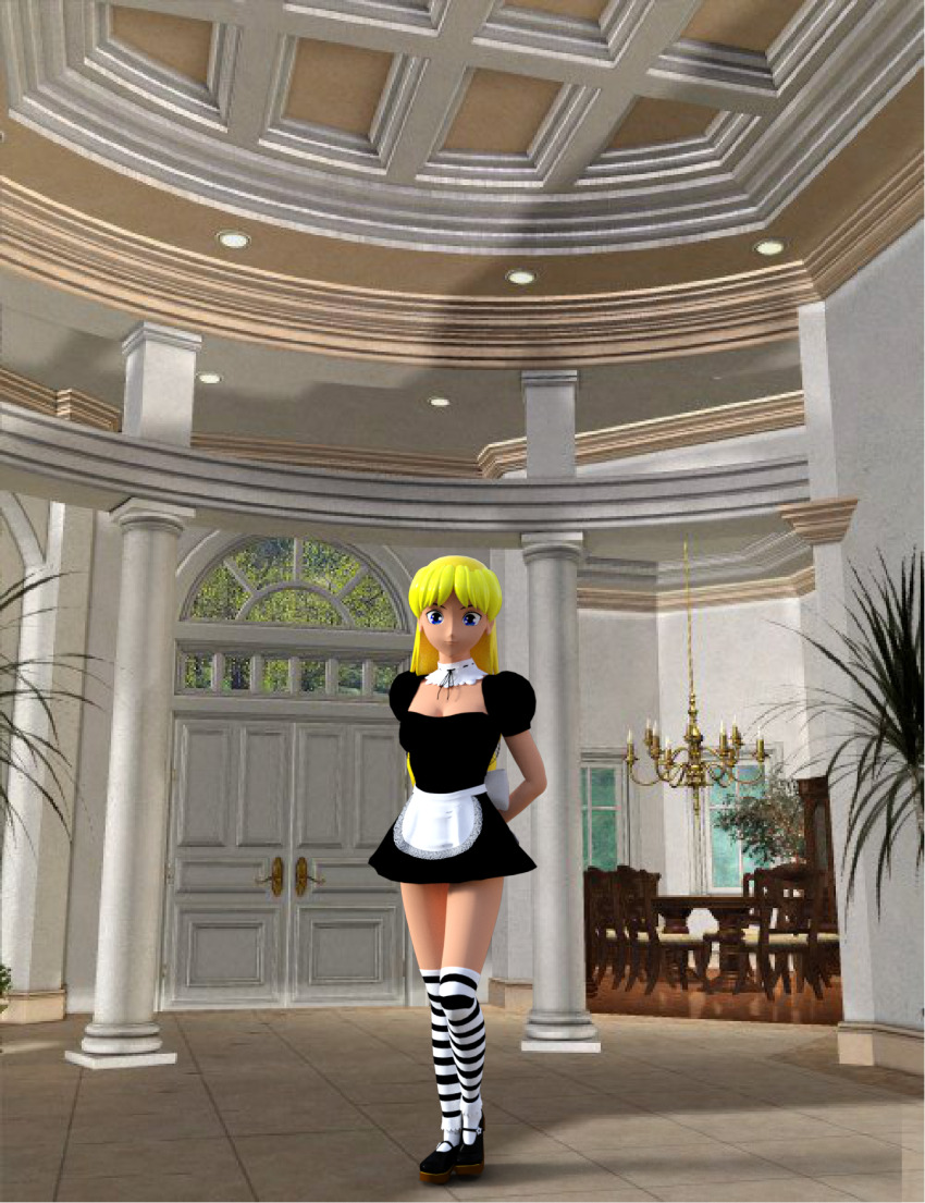3d blonde_hair blue_eyes breasts hypno-tato maid short_skirt skirt socks standing