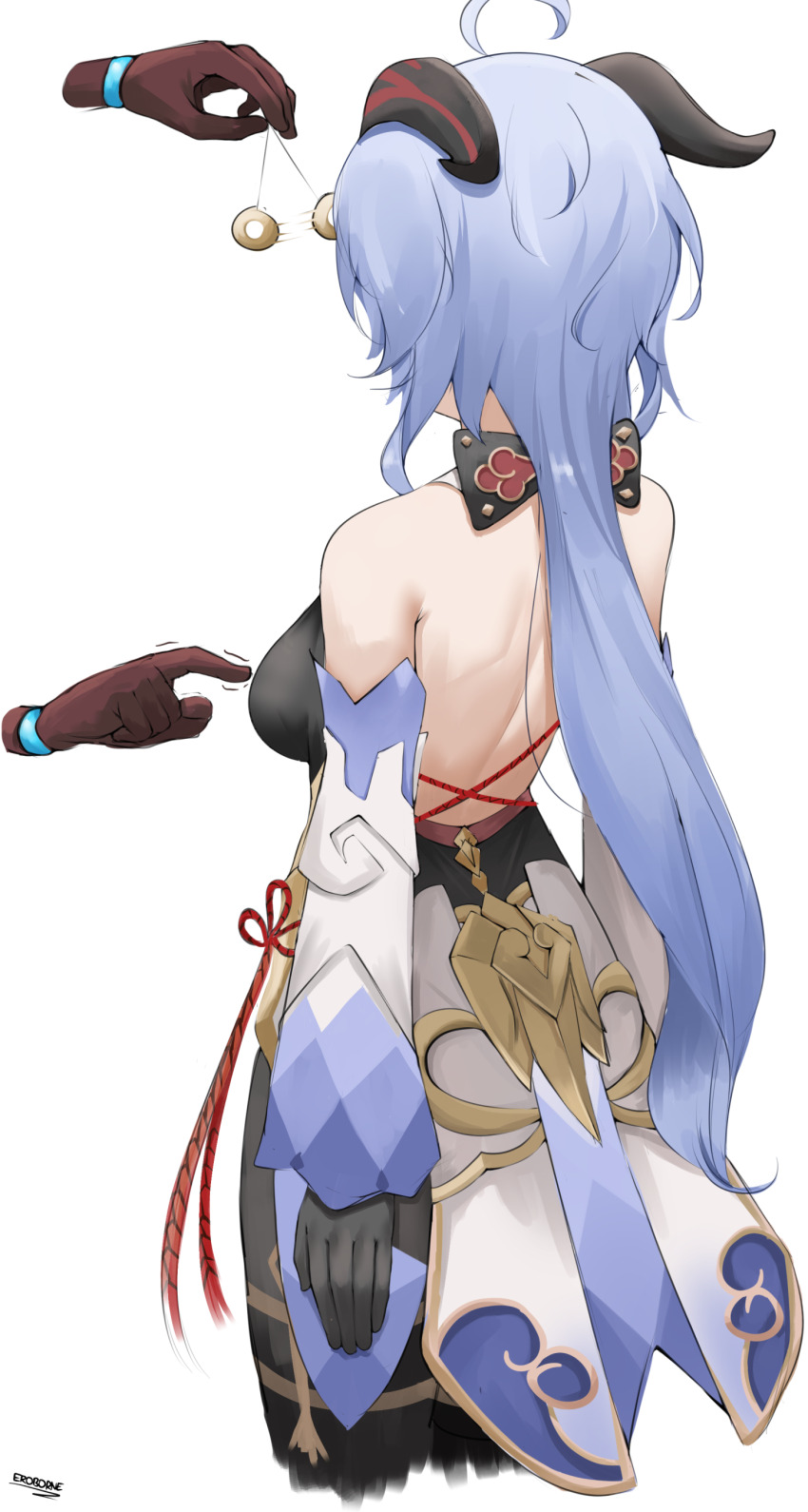absurdres ahoge blue_hair breasts clothed eroborne female_only femsub from_behind ganyu_(genshin_impact) genshin_impact gloves horns pendulum phantom_hand simple_background standing_at_attention very_long_hair white_background