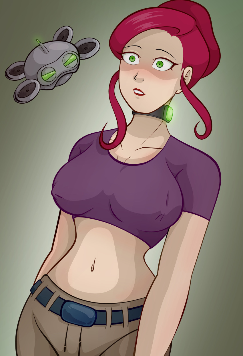 absurdres april_o'neil belt breasts collar disguised_hypnotist drone empty_eyes erect_nipples expressionless femsub green_eyes hypnotic_accessory midriff red_hair standing standing_at_attention tagme tech_control teenage_mutant_ninja_turtles