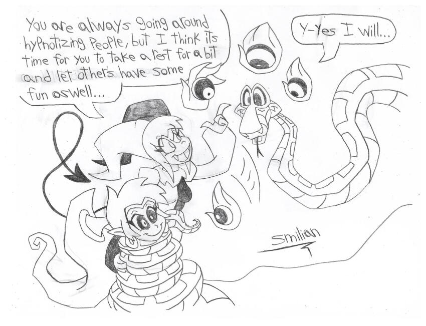 clothed clown coils dialogue disney earrings elf_ears english_text femdom femsub happy_trance hypnotic_eyes hypnotic_hands hypnotized_hypnotist iniko jester kaa kaa_eyes malesub monochrome multiple_subs original ponytail restrained sav8197 shantae shantae_(series) short_hair signature sketch smile snake speech_bubble tail text the_jungle_book very_long_hair