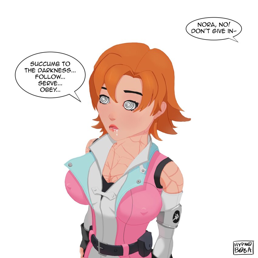drool female_only femsub hypnoboba nora_valkyrie orange_hair rwby simple_background speech_bubble spiral_eyes standing_at_attention