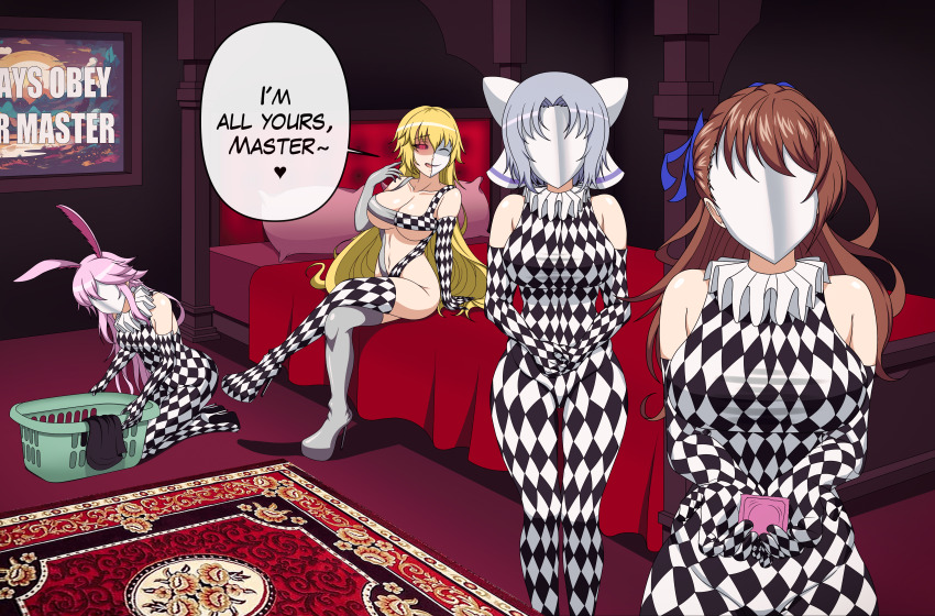 animal_ears bare_shoulders beatrix_(grandblue_fantasy) bed bedroom black_sclera blonde_hair blush bodysuit boots brown_hair cleavage condom dialogue drone dronification expressionless faceless fate_(series) female_only femsub gloves granblue_fantasy grey_hair happy_trance heart heart_eyes high_heels honkai_impact_3rd jeanne_d'arc_(fate) latex long_hair love mask multiple_girls multiple_subs navel opera_gloves pink_eyes pink_hair saorika32 senran_kagura short_hair sitting smile standing standing_at_attention text thigh_boots underboob very_long_hair yae_sakura yumi_(senran_kagura)