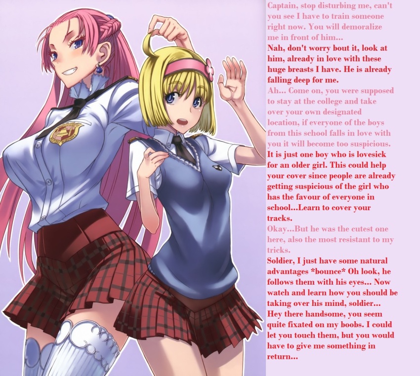 blonde_hair blue_eyes blush braid breasts caption caption_only cosette_coalhearth femdom hair_band hypnotic_breasts hypsubject_(manipper) juliana_everhart large_breasts long_hair looking_at_viewer manip miniskirt pink_hair pov pov_sub purple_eyes school_uniform short_hair simple_background skirt smile text thighhighs valkyria_chronicles