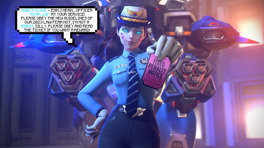 3d absurdres altered_common_sense artist_request belt blue_eyes brown_hair clone d.va dialogue femsub gloves glowing_eyes hand_on_hip happy_trance jay-fujin_(manipper) long_hair manip overwatch police_uniform policewoman robot speech_bubble tattoo text tie wide_hips