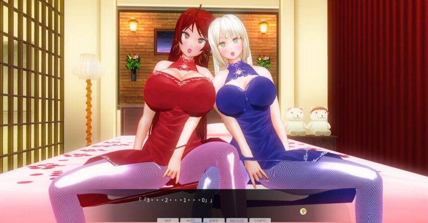 3d breasts chelsea_(mc_trap_town) custom_maid_3d_2 empty_eyes expressionless female_only kamen_writer_mc large_breasts masturbation mc_trap_town multiple_girls red_hair rina_(mc_trap_town) spread_legs text yuri