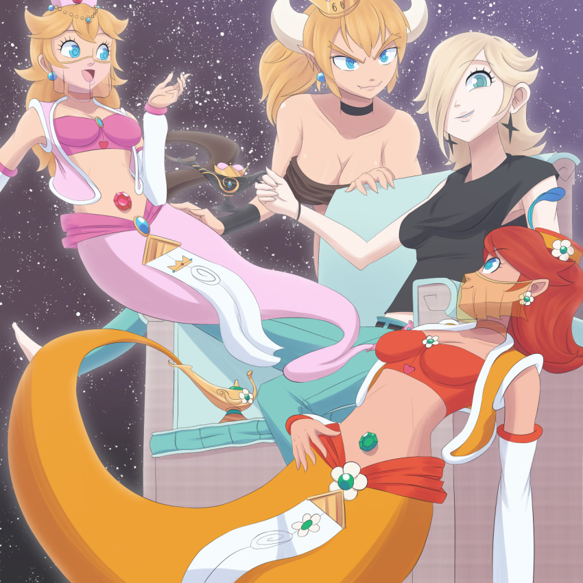 bowsette breasts crown femdom femsub genie hair_covering_one_eye happy_trance harem_outfit jewelry large_breasts magic multiple_girls new_super_mario_bros._u_deluxe nintendo potterzillaseries preview princess princess_daisy princess_peach princess_rosalina smoke spiral_eyes super_crown super_mario_bros. symbol_in_eyes veil