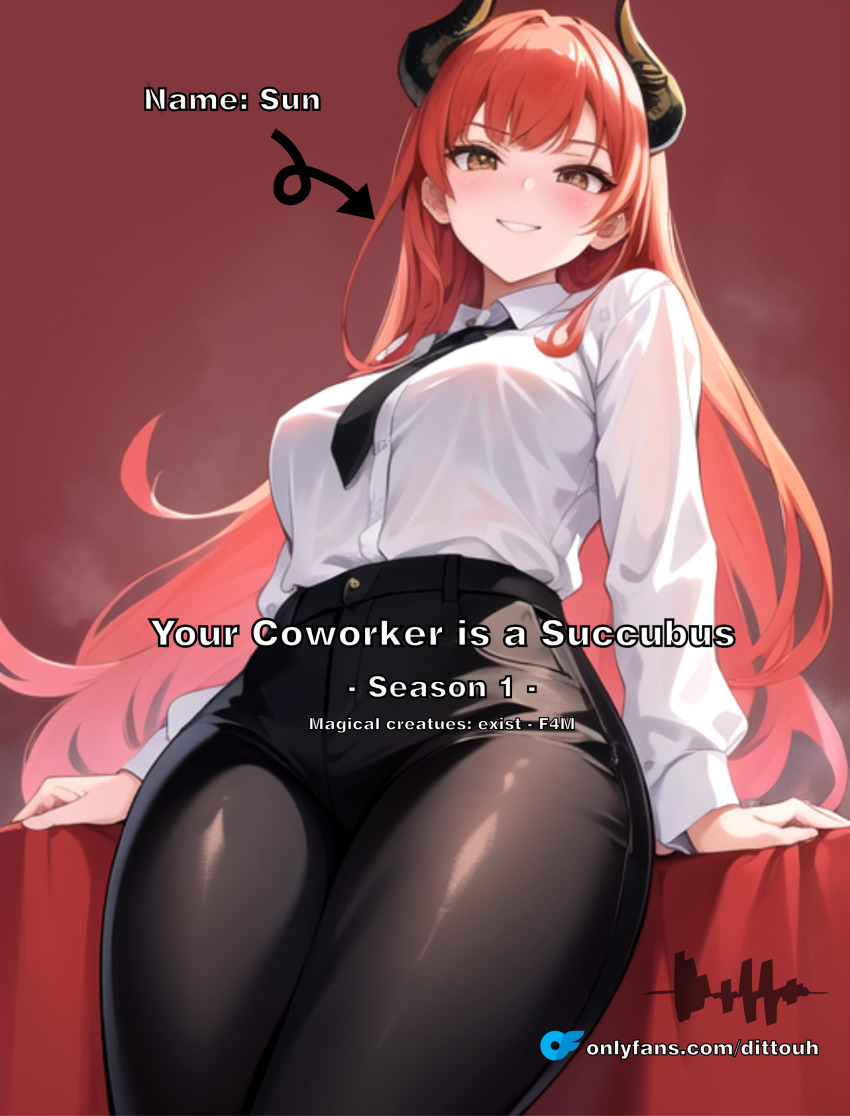 ai_art breasts demon demon_girl dittouh_(generator) english_text femdom horns long_hair male_pov malesub office office_lady pov pov_sub red_hair seductive_smile shirt smile standing story succubus text yellow_eyes