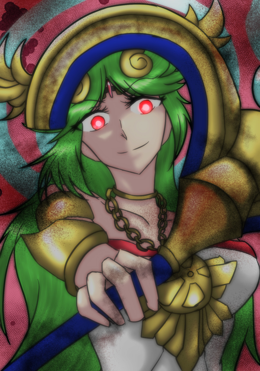 absurdres corruption dress evil_smile female_only glowing_eyes goddess green_hair jewelry kid_icarus long_hair nintendo palutena red_eyes smile staff super_smash_bros. victrygod