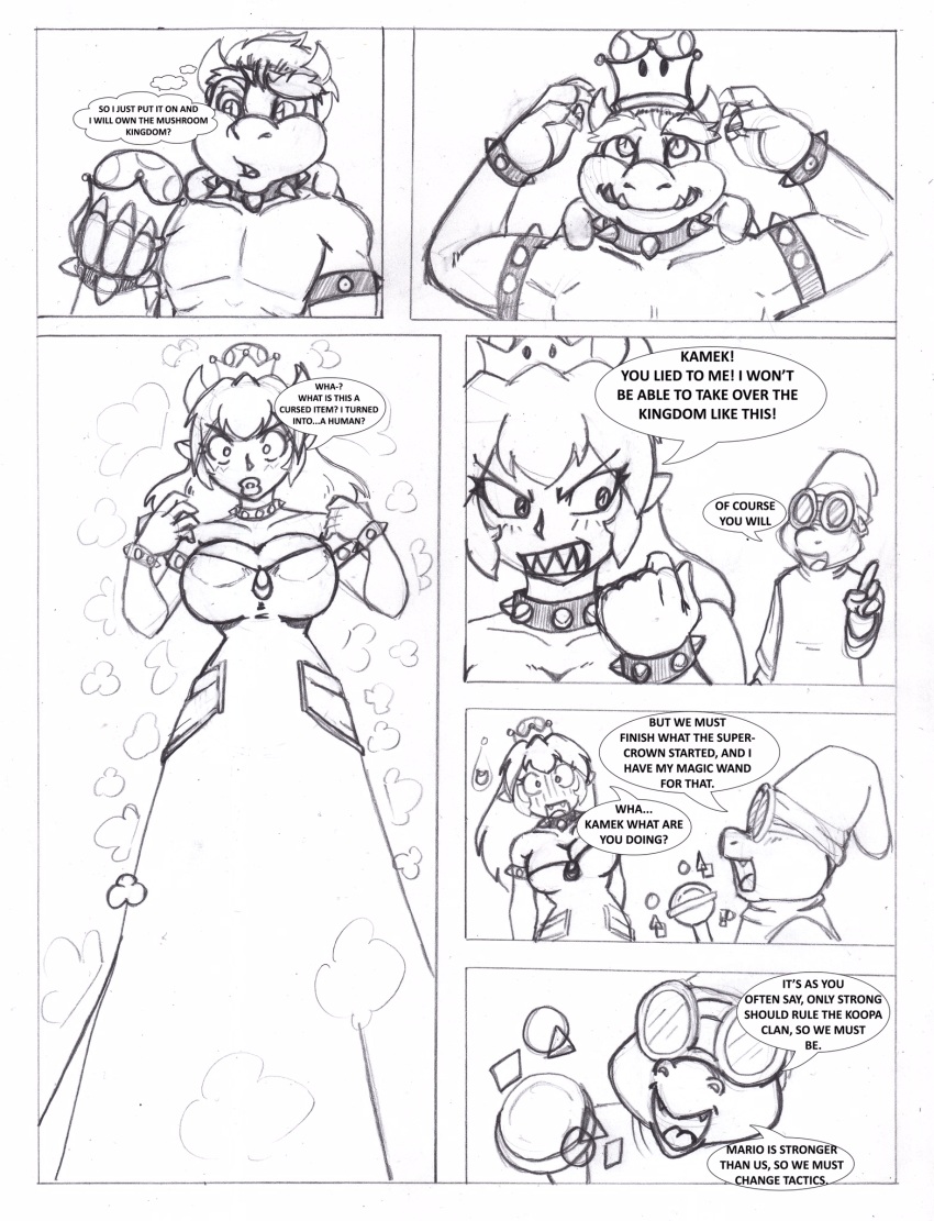 bowser bowsette breasts comic crazycowproductions femsub genderswap greyscale large_breasts magic magic_wand magikoopa new_super_mario_bros._u_deluxe nintendo studded_collar super_crown super_mario_bros. text traditional transformation