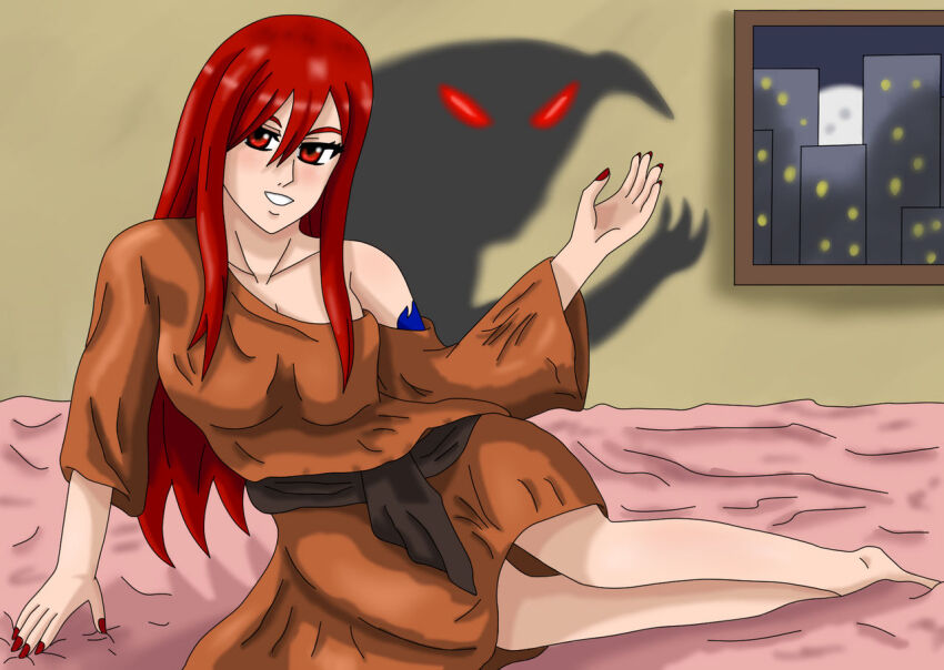 bare_shoulders barefoot bed breasts cleavage corruption cosplay crossover demon dress erza_scarlet fairy_tail femsub ghostbusters glowing glowing_eyes jimmyz30 large_breasts looking_at_viewer lying nail_polish night nightgown possession red_eyes red_hair tattoo text zuul