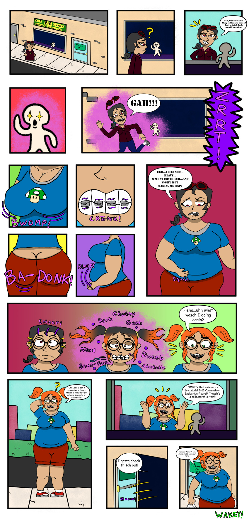 absurdres ass_expansion ass_focus black_hair braces breast_expansion chubby cleavage comic dialogue english_text female_only femsub freckles glasses green_eyes hypnotic_object long_hair nerd nerdification open_mouth orange_hair original red_eyes sequence shirt shorts smile solo speech_bubble t-shirt text transformation twintails wakeykun weight_gain