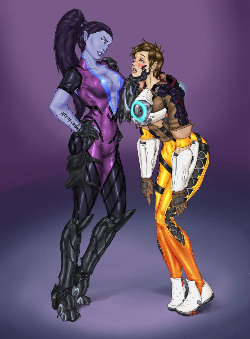 absurdres blue_skin blush bodysuit boots breasts brown_eyes brown_hair chin_hold cleavage corruption dazed evil_smile female_only femdom femsub gloves hand_on_hip knee-high_boots large_breasts latex open_mouth overwatch ponytail purple_hair rotem_dishon short_hair simple_background slime smile tech_control tracer very_long_hair widowmaker yellow_eyes yuri