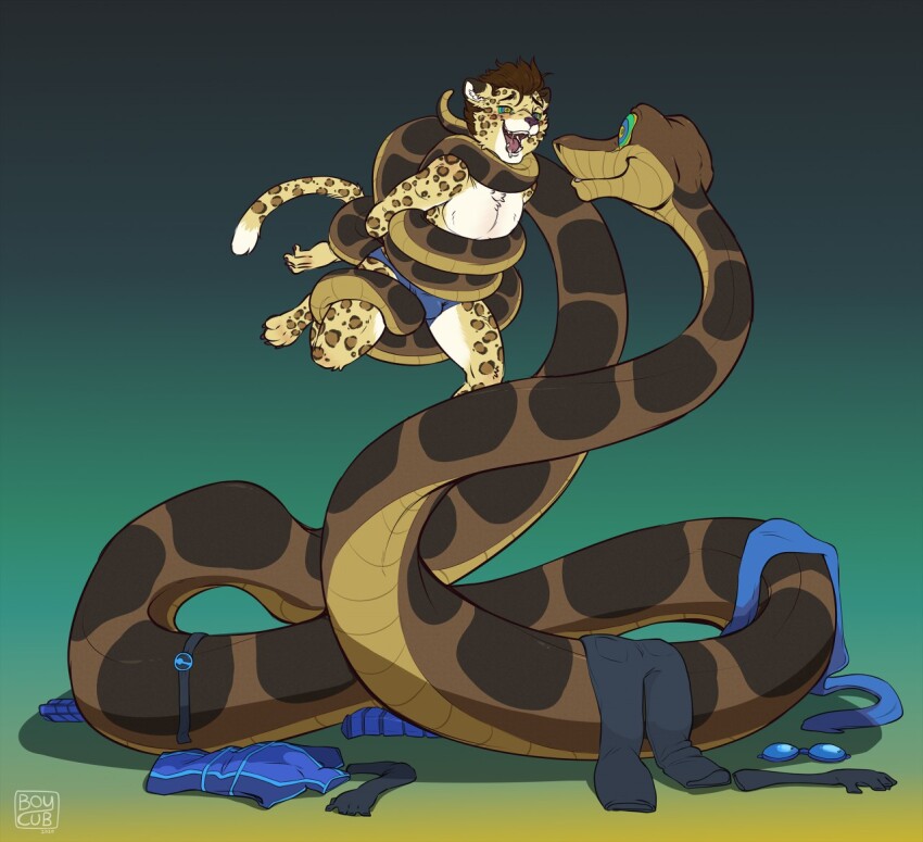 ash_(ashkelling) blush brown_hair coils disney furry happy_trance hypnotic_eyes kaa kaa_eyes kidcub leopard_boy male_only malesub open_mouth original simple_background snake the_jungle_book topless underwear