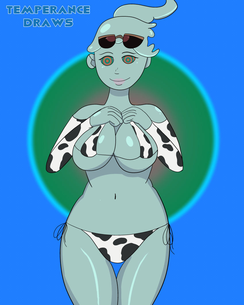 bikini breasts cow_girl cow_print female_only femsub ghost ghost_girl happy_trance large_breasts monster_prom polly_geist ponytail ring_eyes smile solo temperancedraws