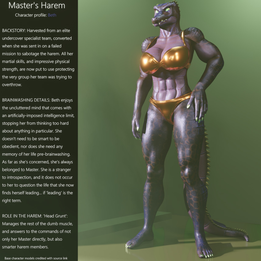 3d amnesia aware bethany_(thalarynth) brain_drain breasts caption character_profile crocodile_girl enemy_conversion femsub furry hand_on_hip happy_trance harem manip muscle_girl original scalie slit_pupils tail text thalarynth_(manipper)