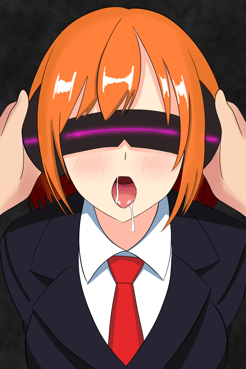 absurdres angry before_and_after black_background blush clefla corruption crossed_arms drool female_only femsub headphones maledom open_mouth orange_hair original pov pov_dom short_hair simple_background solo suit tie tongue tongue_out visor