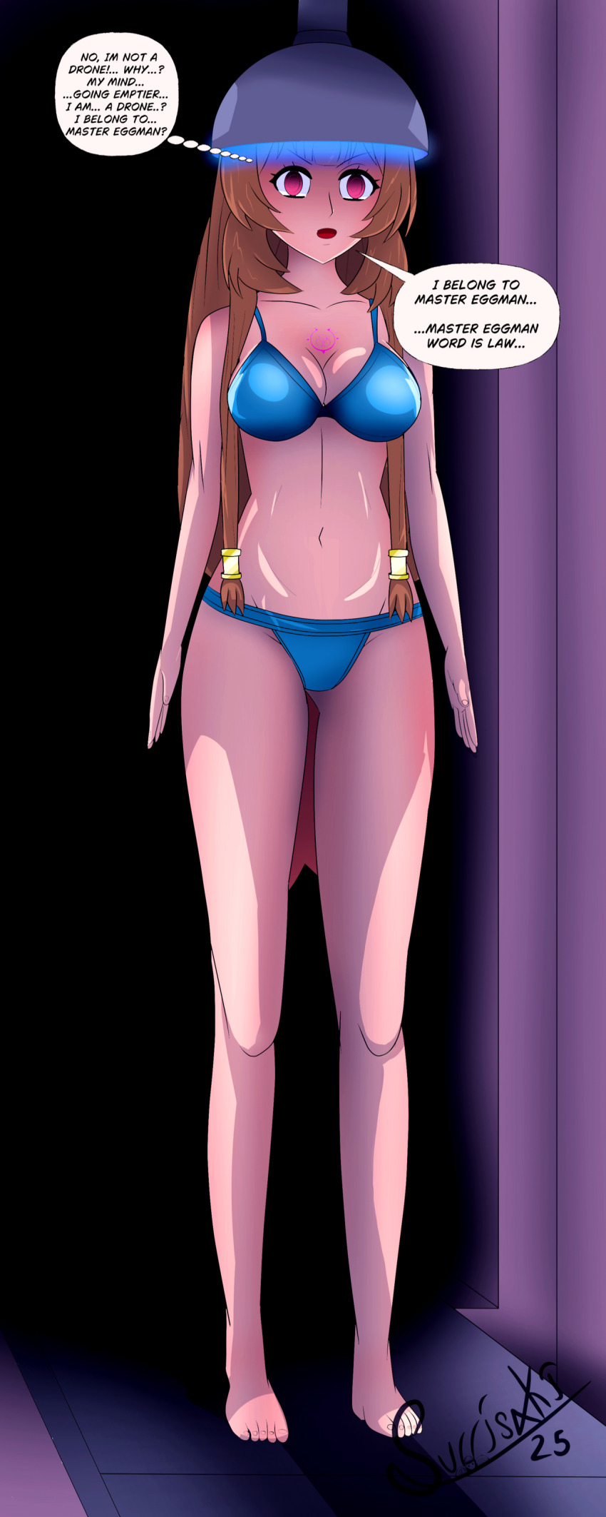 barefoot bikini bikini_bottom bikini_top brown_hair collarbone dronification empty_eyes english_text expressionless feet femsub helmet instant_loss long_hair magic_tattoo navel open_mouth pink_eyes raphtalia resisting sonic_the_hedgehog_(series) speech_bubble standing surrisaki text the_rising_of_the_shield_hero very_long_hair