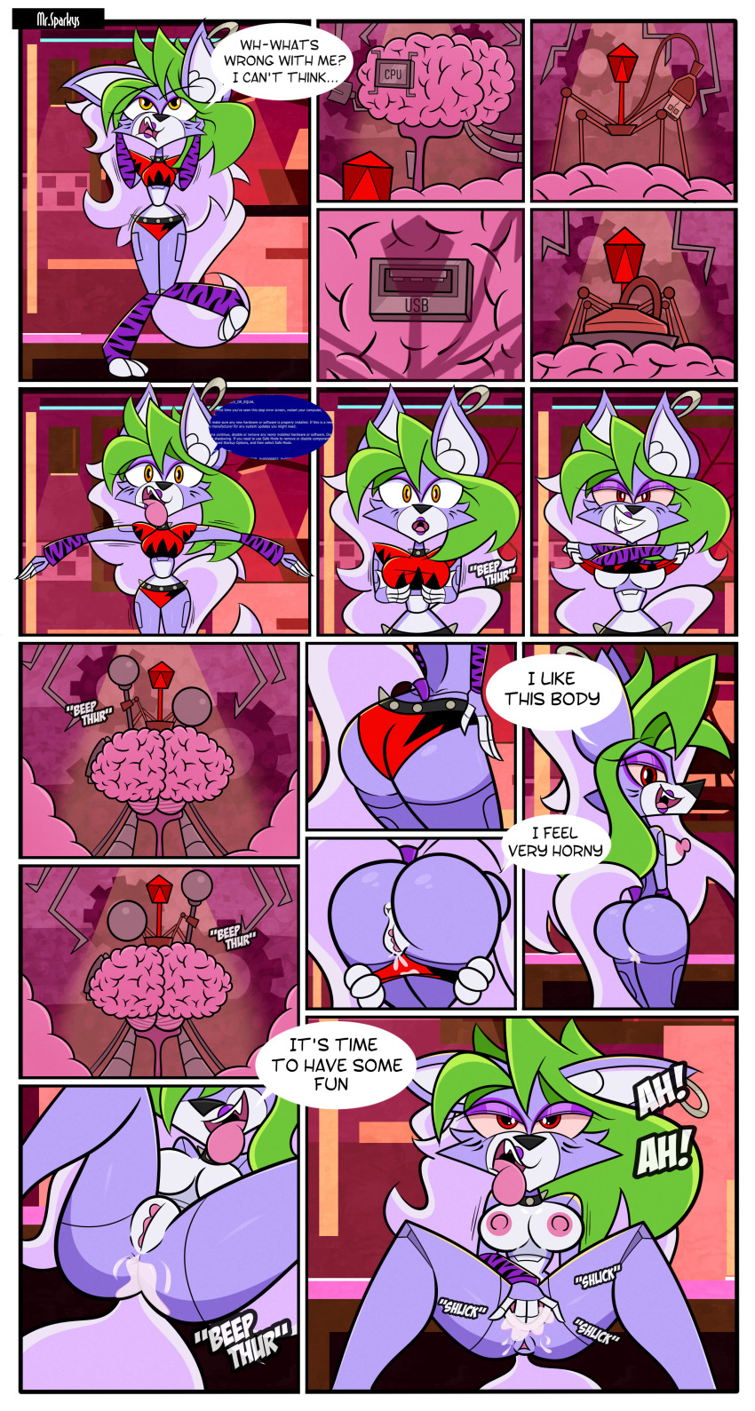axlwolft brain brain_injection breasts comic english_text femsub fingering five_nights_at_freddy's five_nights_at_freddy's:_security_breach furry masturbation parasite possession pussy pussy_juice robot robot_girl roxanne_wolf speech_bubble spread_legs tech_control text undressing vaginal virus x-ray