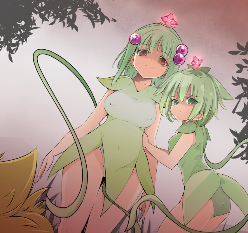 breasts brown_eyes corruption empty_eyes erect_nipples femdom femsub flower green_hair happy_trance hypnotized_dom large_breasts monster_girl name_john plant_girl reala short_hair tales_of_(series) tales_of_destiny