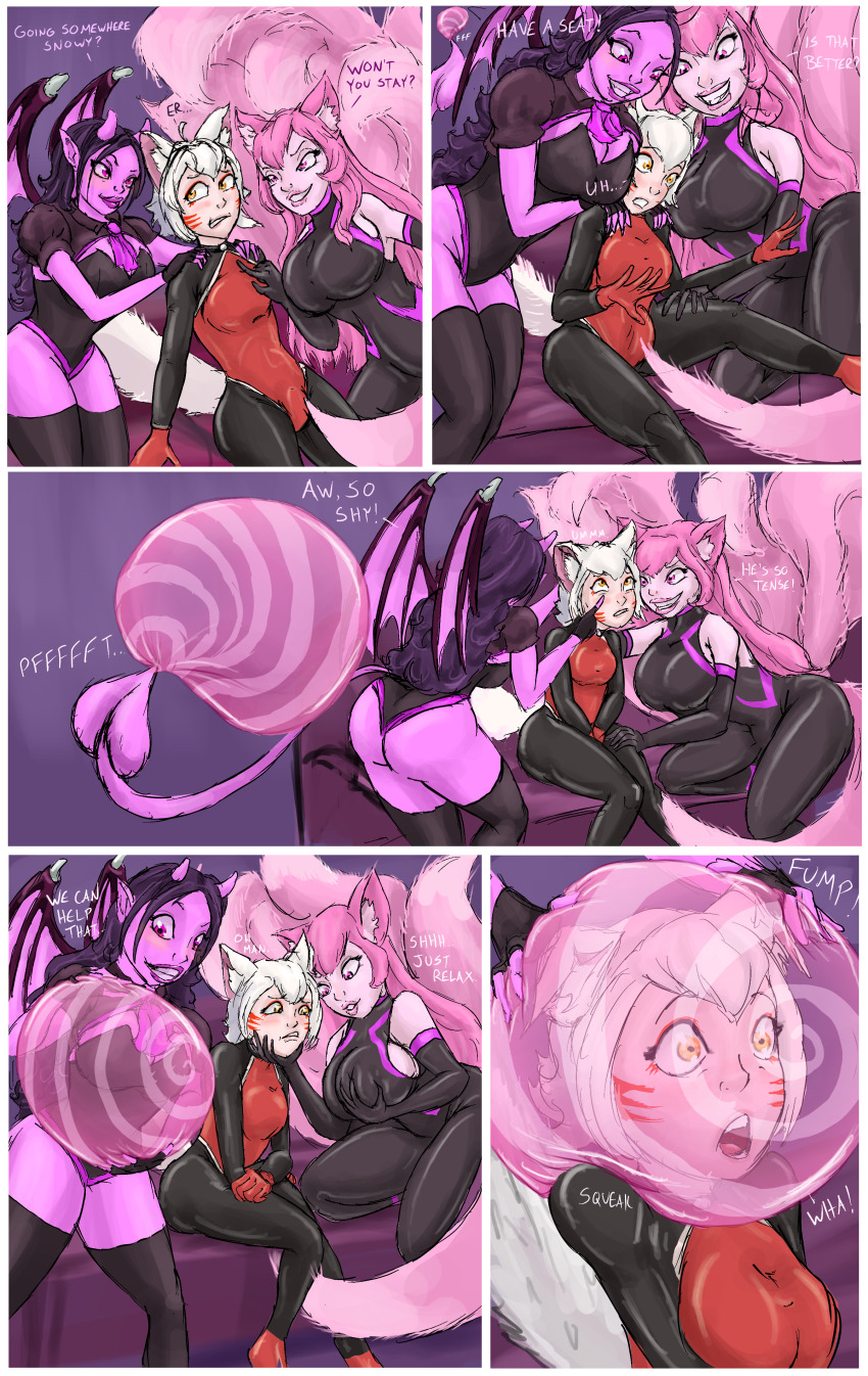 ahoge arya_(snowylight) bodysuit breasts bubble clothed comic demon_girl english_text femdom horns kitsune_girl large_breasts latex long_hair multiple_tails original pink_eyes pink_hair purple_eyes purple_hair purple_skin short_hair sitting snow_(snowylight) spartly tagme tail text tight_clothing tracy_the_bubble_succubus_(mariofan897) white_hair wings yellow_eyes