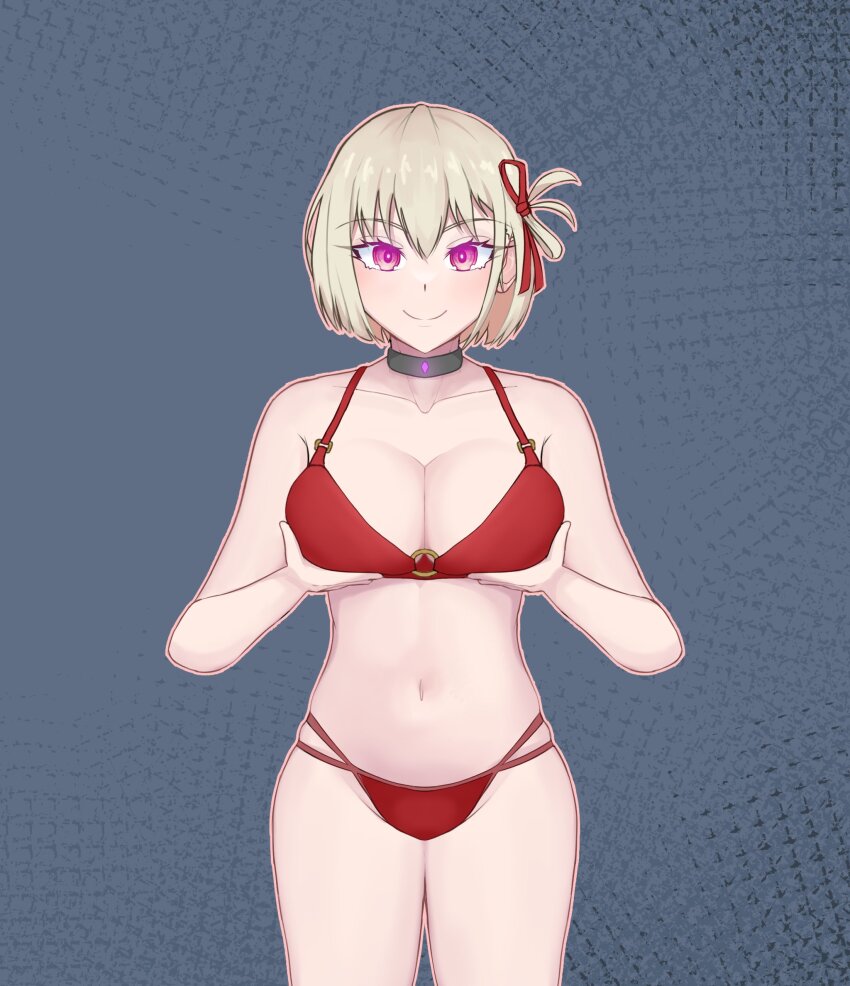 bikini blonde_hair breasts cleavage collar female_only femsub glowing_eyes happy_trance holding_breasts hypnotic_accessory large_breasts looking_at_viewer lycoris_recoil midriff nishikigi_chisato purple_eyes short_hair smile solo standing swimsuit tech_control zires