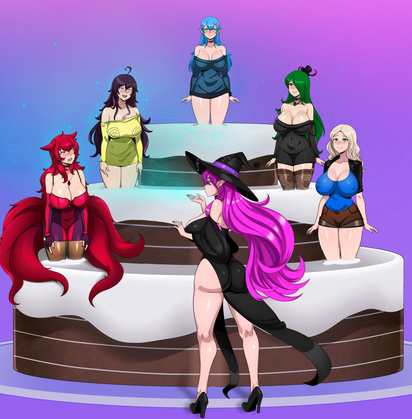 absurdres accord_(accord) anno_(anno) birthday blonde_hair blue_eyes blue_hair breasts cake dazed elf elf_ears ereme_(bobbette) female_only femdom femsub fox_girl green_eyes green_hair happy_trance hypno-tan julia_(batat) large_breasts magic marie_(mrcaptainodd) multiple_girls multiple_subs original pink_hair red_eyes red_hair sweater witch witch_hat