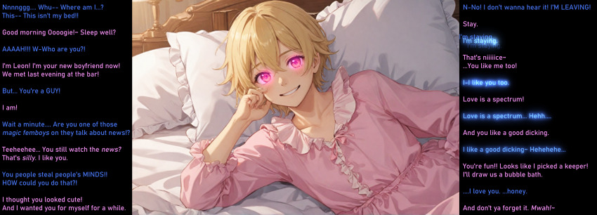 ai_art blonde_hair femboy glowing_eyes instant_loss male_only maledom malesub pink_eyes pov_sub sendgarfs_(manipper) sexuality_change straight_to_gay