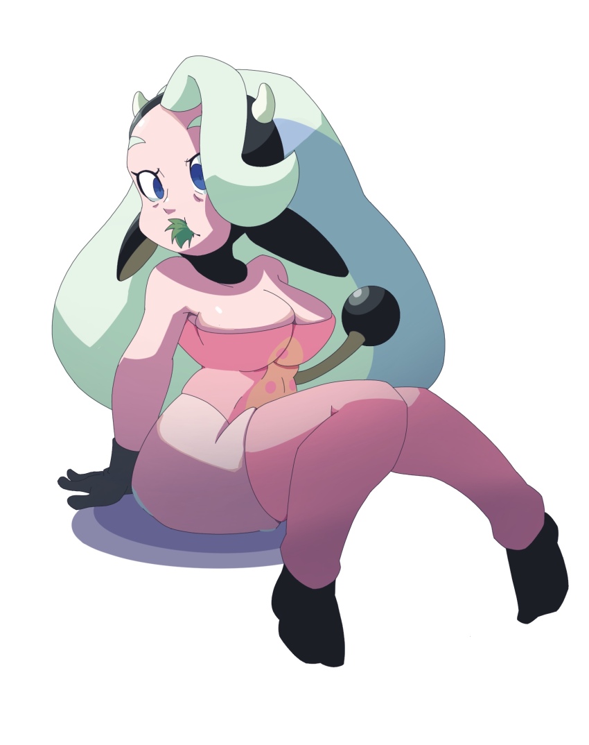 blue_eyes cleavage cow_girl empty_eyes expressionless female_only femsub gloves horns large_breasts melony_(pokemon) milf nintendo pokemon pokemon_sword_and_shield simple_background sitting solo sourowl tagme white_background