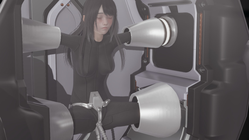 3d black_hair bodysuit closed_eyes corruption erect_nipples_under_clothes female_only femsub honey_select_2 large_breasts restrained rubber sex_machine sleeping solo spread_legs stasis_tank tech_control usir vaginal
