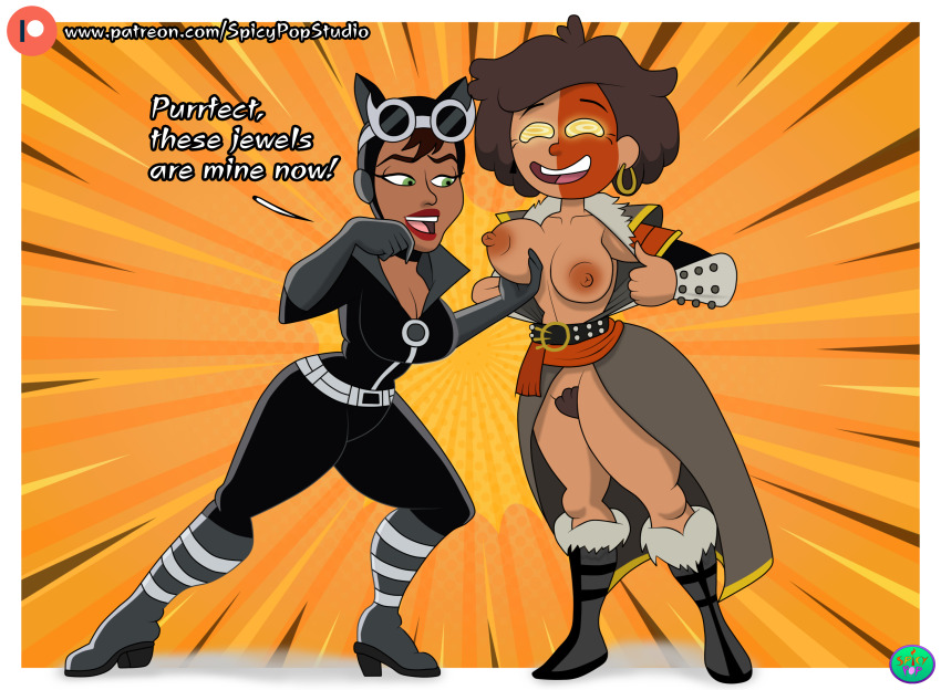 amphibia bodysuit boots breast_grab breasts brown_hair cat_ears catwoman cosplay dark_skin dc_comics dialogue disney goggles_on_head green_eyes happy_trance milf open_mouth oum_boonchuy ring_eyes signature simple_background spicypop_studio
