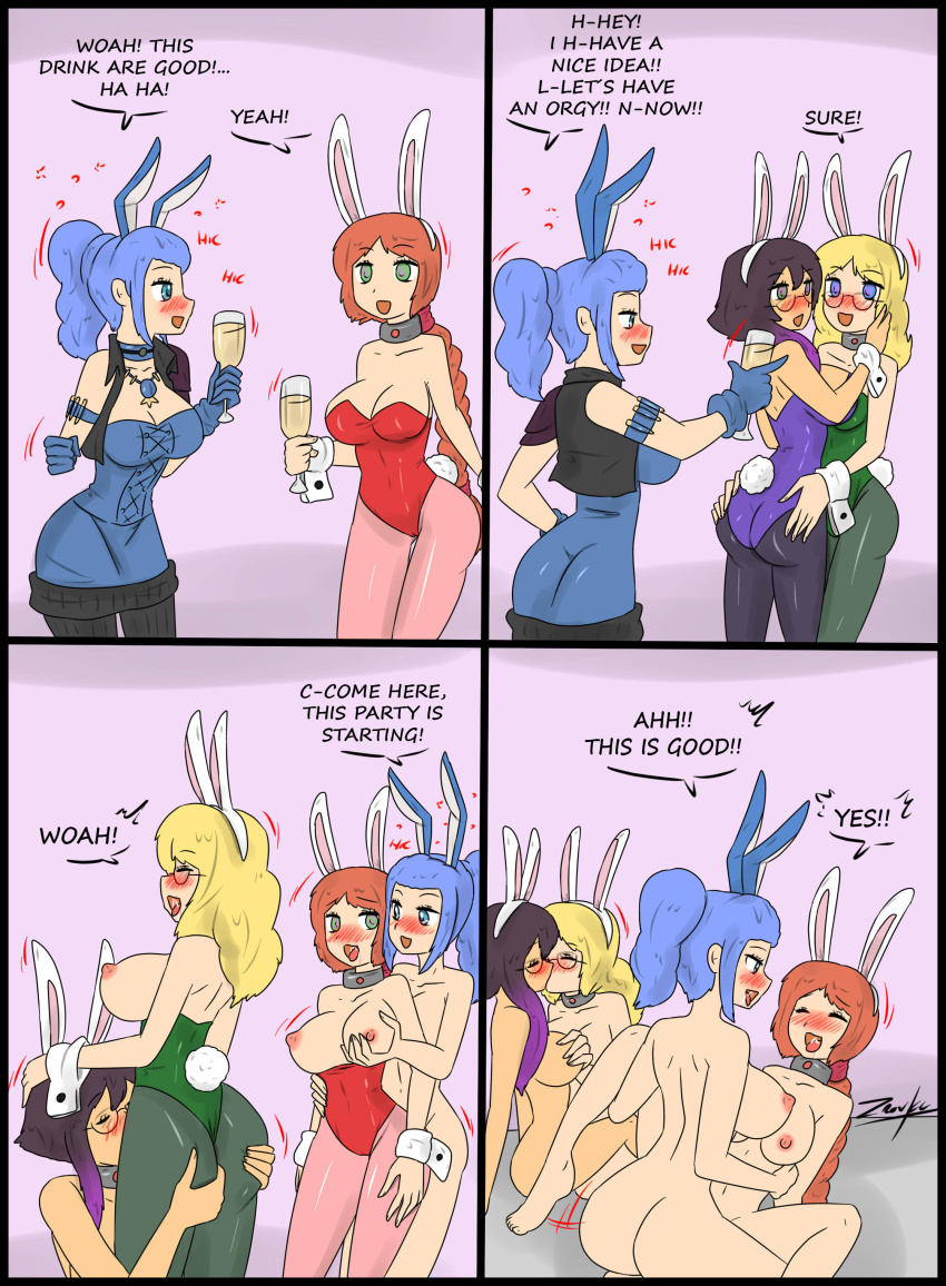 absurdres ass aurora_(jabberwocky) blonde_hair blush bottomless breast_grab breasts bunny_ears bunny_girl bunnysuit cat_ears comic cuffs cunnilingus drool drunk empty_eyes fake_animal_ears female_only femdom femsub gemna_(mezz+pokemongirl) glasses green_eyes groping group_sex happy_trance harem jewelry kissing large_breasts long_hair multicolored_hair multiple_girls nude open_clothes open_mouth oral orange_hair original purple_hair selfcest short_hair smile spiral_eyes symbol_in_eyes tech_control text tongue tongue_out topless tribadism viltai_(viltai) yuri zronku