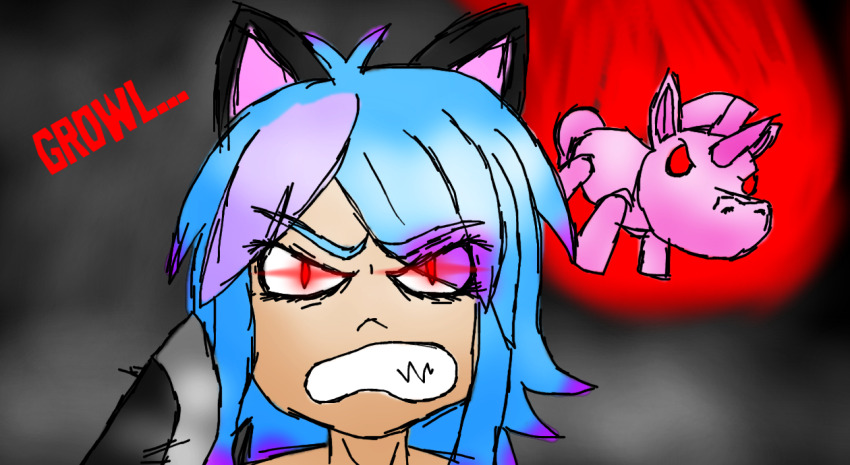 angry animal_ears blue_hair cat_girl doll femsub glowing glowing_eyes kat_(the_mad_murderer) multicolored_hair nettimato red_eyes sketch text the_mad_murderer traditional