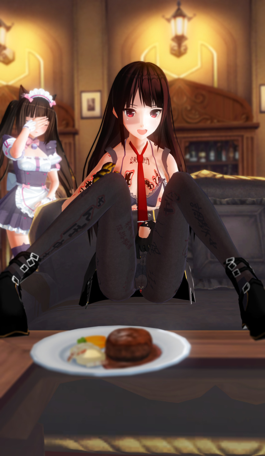 3d absurdres altered_common_sense body_writing bow_tie bra brown_hair chocola_(nekopara) crotch_cutout crotchless_panties cuffs custom_maid_3d_2 erect_nipples exhibitionism facepalm femsub girls_frontline gloves japanese_text jewelry lace long_hair maid maid_headdress multiple_girls necklace nekopara nipple_cutout nipples panties pantyhose pussy red_eyes red_hair see-through sitting spread_legs taihou1944 text thighhighs tie twintails unaware wa2000_(girls_frontline)