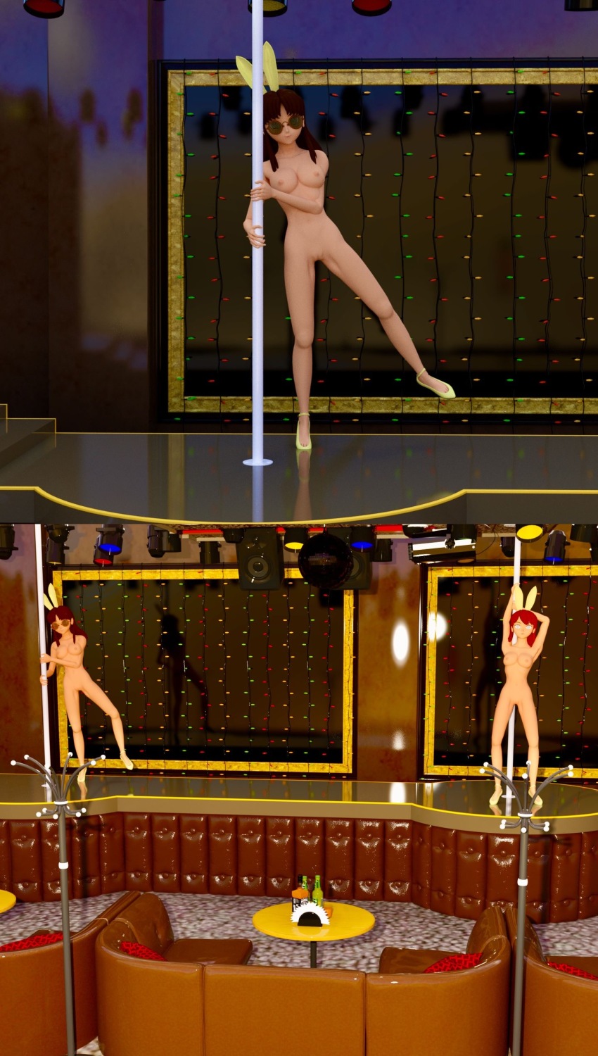 ass breasts brown_hair bunny_ears comic dancing dazed expressionless glasses hypno-tato keiko_yubari_(hypnovideo) legs nude open_mouth original pole_dancing pussy red_hair spiral spiral_eyes spread_legs stripper text