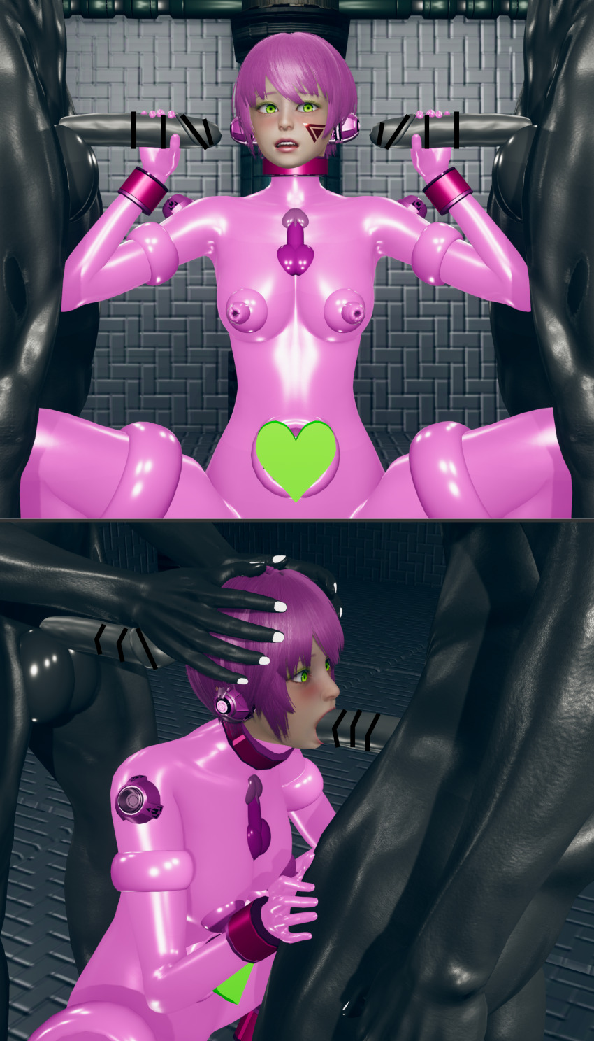 3d alternate_color_scheme alternate_costume alternate_hair_color arms_above_head blush bodysuit breasts cameltoe catsuit censored collar comic dildo erect_nipples erect_nipples_under_clothes eye_roll fellatio female_only femsub green_eyes handjob honey_select_2 latex maledom multiple_doms murochi-san navel_penetration open_mouth original penis pink_hair robot rubber sex_toy short_hair shrunken_irises solo spread_legs squatting tentacles tongue tongue_out