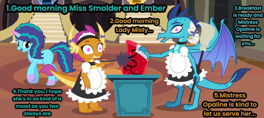 animals_only dragon_girl femdom femsub furry glowing_eyes horse_girl magic maid maid_headdress misty_brightdawn my_little_pony pink_eyes princess_ember smolder stopthedab10_(manipper)