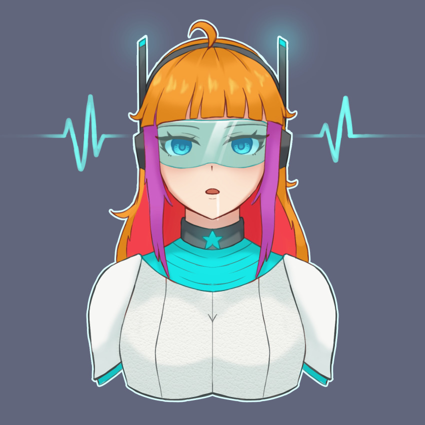 ahoge antenna bangs blonde_hair blue_eyes clothed drool empty_eyes expressionless female_only femsub hypnotic_accessory long_hair open_mouth orange_hair original purple_hair simple_background solo straight-cut_bangs tagme tech_control vi_(vynil) visor zires