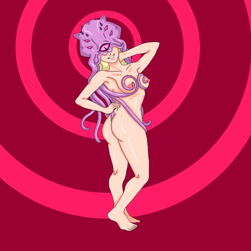 androgynous androgynous_dom ass blonde_hair body_control breast_grab breasts celica_(town_of_magic) cepherina_(town_of_magic) collarbone hand_on_head hand_on_hip light_skin mind_flayer monster mspainter multiple_eyes nipples parasite pink_eyes posing possession simple_background smile standing tentacles town_of_magic