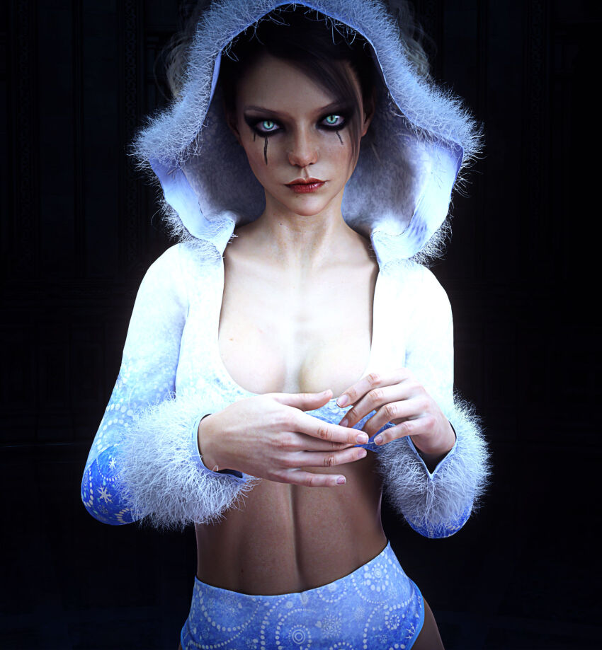3d black_hair blue_eyes christmas cleavage collarbone female_only femsub hoodie moudahaddad148 original possession red_lipstick short_hair solo thick_thighs