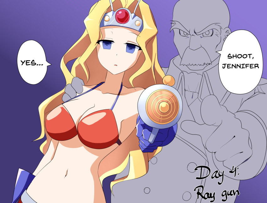 bikini_top blonde_hair breasts character_request dazed disgaea empty_eyes etlabsotwe expressionless father_and_daughter femsub hypnovember jennifer_(disgaea) long_hair maledom midriff navel raygun speech_bubble tech_control text weapon